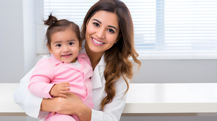 Doctora Latina con niña nene pediatra latina revisando a bebe servicios medicos para bebe niña latina color rosa