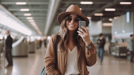 casual relax traveller woman enjoy video calling with family and her friend before travel tour trip woman roam alone travel walking in airport terminal or train station hub platform travel concept - obrazy, fototapety, plakaty