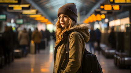 At the International Airport: A Young Woman with a Yellow Suitcase Checking Her Flight on the Information Board