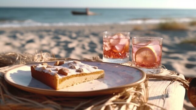 Homemade plum yeast cake served on beach with lemonad.Generative AI