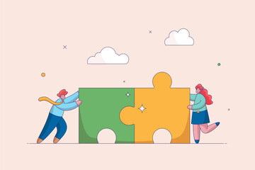 Business concept. Teamwork metaphor. Businessmen pushing two jigsaw puzzle elements. Symbol of working together, cooperation, partnership. Flat vector illustration.