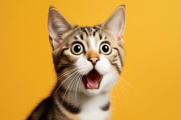 Obraz premium surprised funny cat with open mouth on bright yellow background.