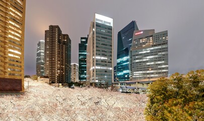Night scenery of Roppongi Ark Hills in Tokyo downtown during sakura season, with a view of high...