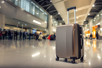 Travel luggage suitcase in airport terminal with blur background of airport hall waiting area with motion movement crowed of passenger, vacation concept.