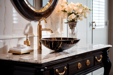 An opulent bathroom vanity showcasing a vessel sink made of handcrafted glass, sitting atop a marble countertop. The faucet is a tall, brushed gold finish with intricate detailing.