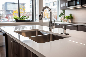 A spacious, modern kitchen. The sink is equipped with a smart faucet. The surrounding countertops are made of polished quartz, and the cabinetry has a high-gloss finish - obrazy, fototapety, plakaty