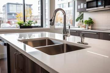 Foto op Canvas A spacious, modern kitchen. The sink is equipped with a smart faucet. The surrounding countertops are made of polished quartz, and the cabinetry has a high-gloss finish © GustavsMD
