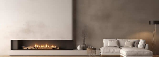 Fireplace in room with concrete wall. Loft minimalist style home interior design of modern living room, panorama. 
