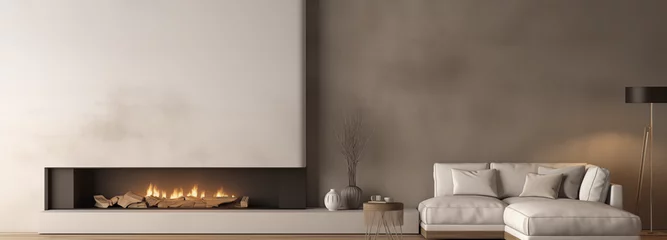 Fotobehang Fireplace in room with concrete wall. Loft minimalist style home interior design of modern living room, panorama.  © GustavsMD