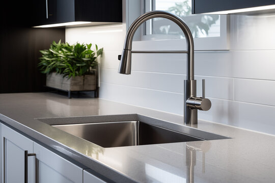 A sleek and modern kitchen setting featuring a stainless steel undermount sink paired with a high-arc, pull-down faucet. The countertops are of polished granite