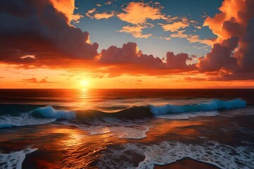 a painting of a sunset over the ocean with waves crashing on the shore and clouds in the sky over the ocean and the beach area 3d render