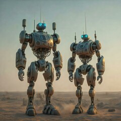 Naklejka premium two fighting robots with weapons 