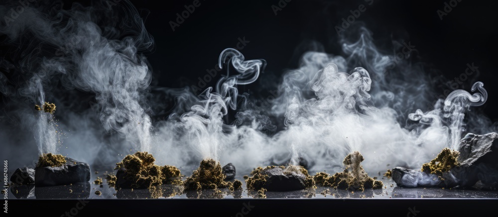 Poster smoke drifting on a dark background of empty space to display a product