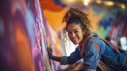 A radiant female artist with curly hair wearing a denim jacket creates a vibrant graffiti on an...