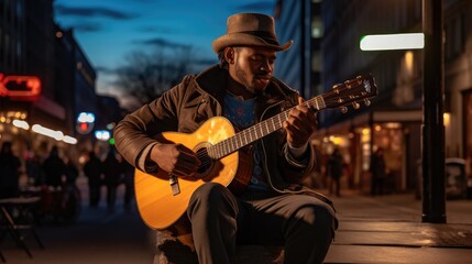 Obraz premium An evening street performer in a brown jacket and fedora plays an acoustic guitar with intense concentration, surrounded by the glow of streetlights and the city's nightlife.