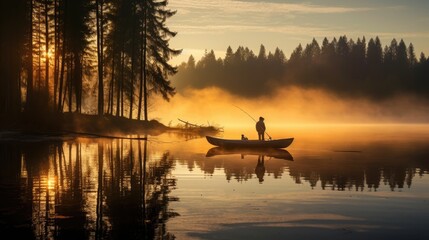 A fisherman stands in a canoe on a misty lake at sunrise, the golden light filtering through the forest trees creating a tranquil atmosphere.