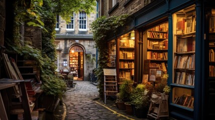 A charming old bookstore tucked in a cobblestone alley, with green ivy framing the entrance and warm light inviting in bibliophiles.