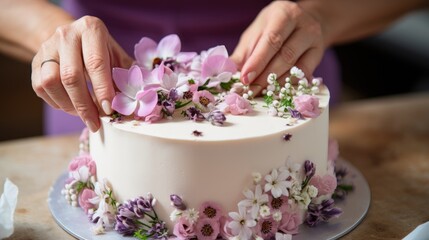 Obraz na płótnie Canvas A skilled pastry chef's hands are meticulously placing delicate purple and pink edible flowers on a white fondant cake, set on a marble countertop.