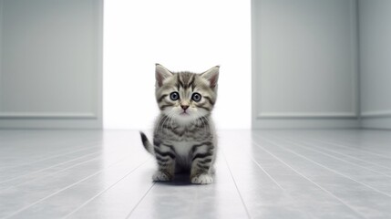 little grey kitten with confused in an empty white.Generative AI - obrazy, fototapety, plakaty