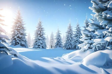 Beautiful landscape with snow covered fir trees and snowdrifts. Merry Christmas and happy New Year greeting background with copy-space