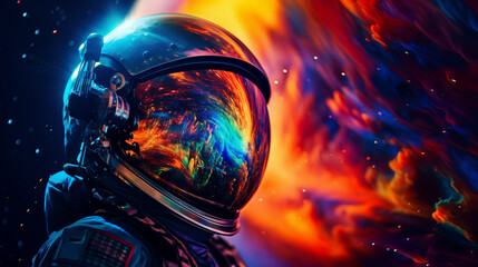 a burning nebula as seen in the visor of an astronaut space suit