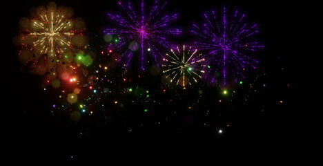 Fireworks isolated on black background. Fireworks explosion in the night sky, New Year background. 3D render illustration.