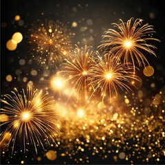 Naklejka premium fireworks explosion in the sky at celebration with golden bokeh lights in the background | Generative AI