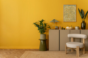 Interior design of yellow living room interior with mock up poster frame, copy space, stylish lamp,...