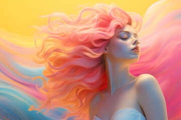 Woman with flowing pink hairs, creative drawing