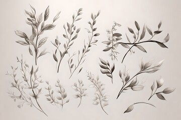 Floral branch and minimalist flowers for logo or tattoo. Hand drawn line wedding herb, elegant leaves 3d render