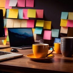 Office work desk with coffee and postit notes, busy and overwhelmed, relying on caffeine
