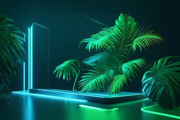 Fototapeta na wymiar Green and Blue Neon Light with Tropical Leaves