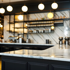 marble counter top on blur of cafe. ai generative