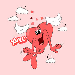 Valentines day card with cute heart with angel wings in groovy retro style, valentine day with heart cartoon