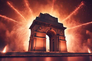 Fotobehang Showcasing the India Gate illuminated with the colors of the Indian flag. Surrounded by the essence of celebration. © nitinshankhwar