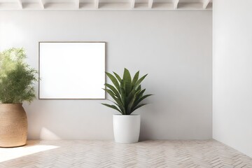 A photorealistic 3D rendering of a room empty background with a plant mockup set against a clean white wall with rustic details.