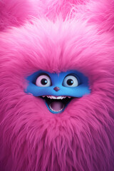 Fototapeta premium pink fluffy wall with very big blue eyes and open mouth very happy emotions created with Generative Ai