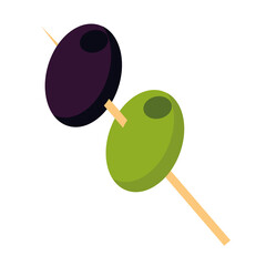 Black and green olives on skewers.Olives single icon in cartoon style raster, bitmap symbol stock...