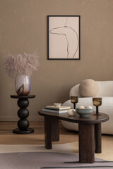 Aesthetic composition of living room interior with mock up poster frame, wooden coffee table, round stand, vase with dried flowers, boucle sofa, glass and personal accessories. Home decor. Template.