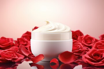 cream blank jar mock up with roses flowers for mockup