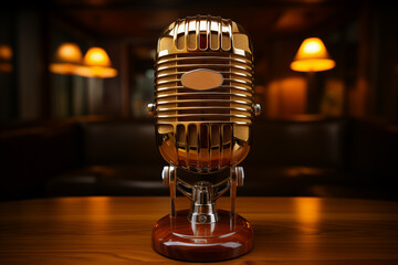professional antique gold microphone with backlights in a bar at night. podcast radio