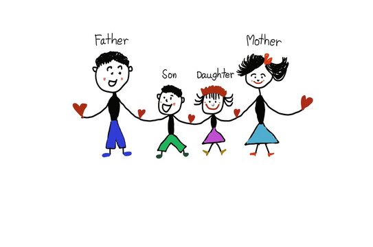 Hand drawn picture cartoon characters of father,mother, daughter and son, hold hands. White background.Concept, warm and happy family. Illustration for using as teaching aids or design for decoration.