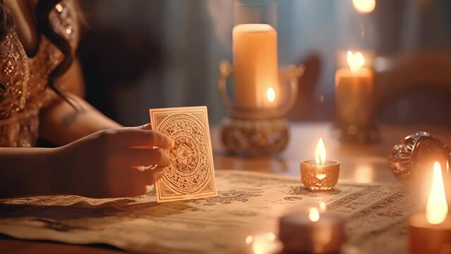 Tarot cards reading. Fortune teller of hands holding THE SUN card and tarot cards on table near burning candles in candle light. Tarot cards spread on table with crystal ball. Forecasting concept. Hip