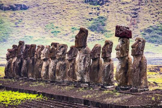 Moai at Rano Raraku Quarry on Easter Island; Hanga Roa, Easter Island, Chile
