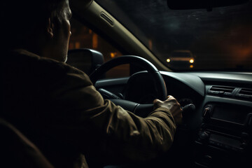 Fototapeta na wymiar A man confidently drives a car at night, hands on the steering wheel, navigating the road with focused determination and a sense of control, computer Generative AI stock illustration image