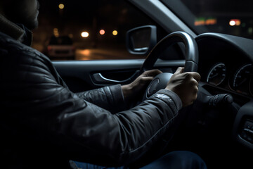 A man confidently drives a car at night, hands on the steering wheel, navigating the road with focused determination and a sense of control, computer Generative AI stock illustration image - obrazy, fototapety, plakaty