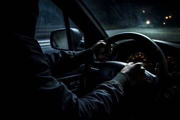A man confidently drives a car at night, hands on the steering wheel, navigating the road with focused determination and a sense of control, computer Generative AI stock illustration image