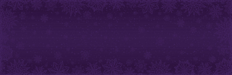 Purple Christmas banner with snowflakes and stars. Merry Christmas and Happy New Year greeting banner. Horizontal new year background, headers, posters, cards, website. Vector illustration