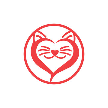 Cute Kitten Cat Lover Heart Shape Abstract Animal Logo.