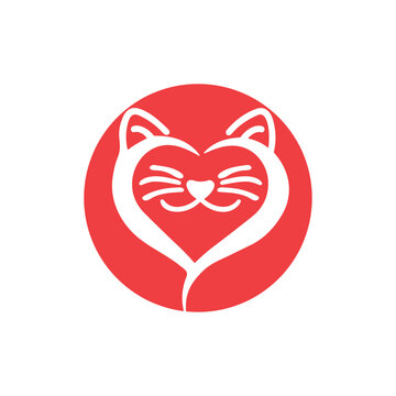Cute Kitten Cat Lover Heart Shape Abstract Animal Logo.